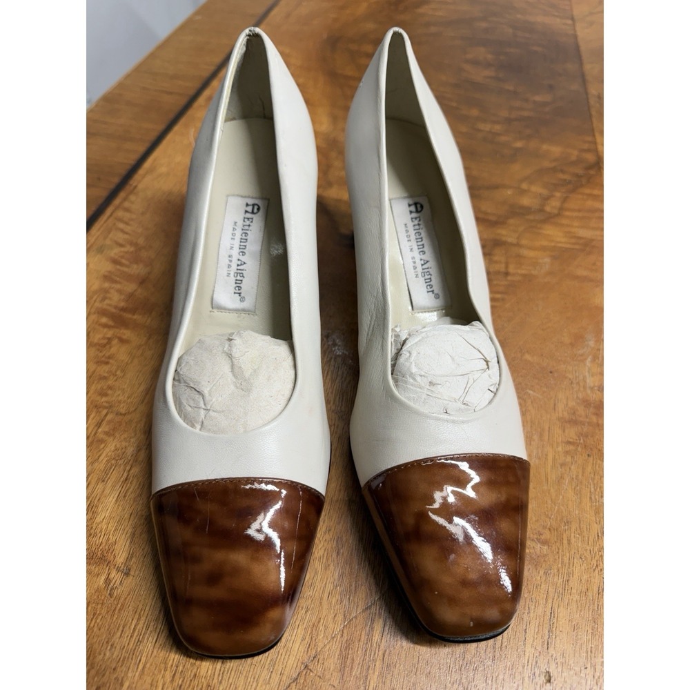 Vtg Etienne Aigner 8 M Strada Cream Tortoise Shell Cap Toe Pumps‎ Spain Leather